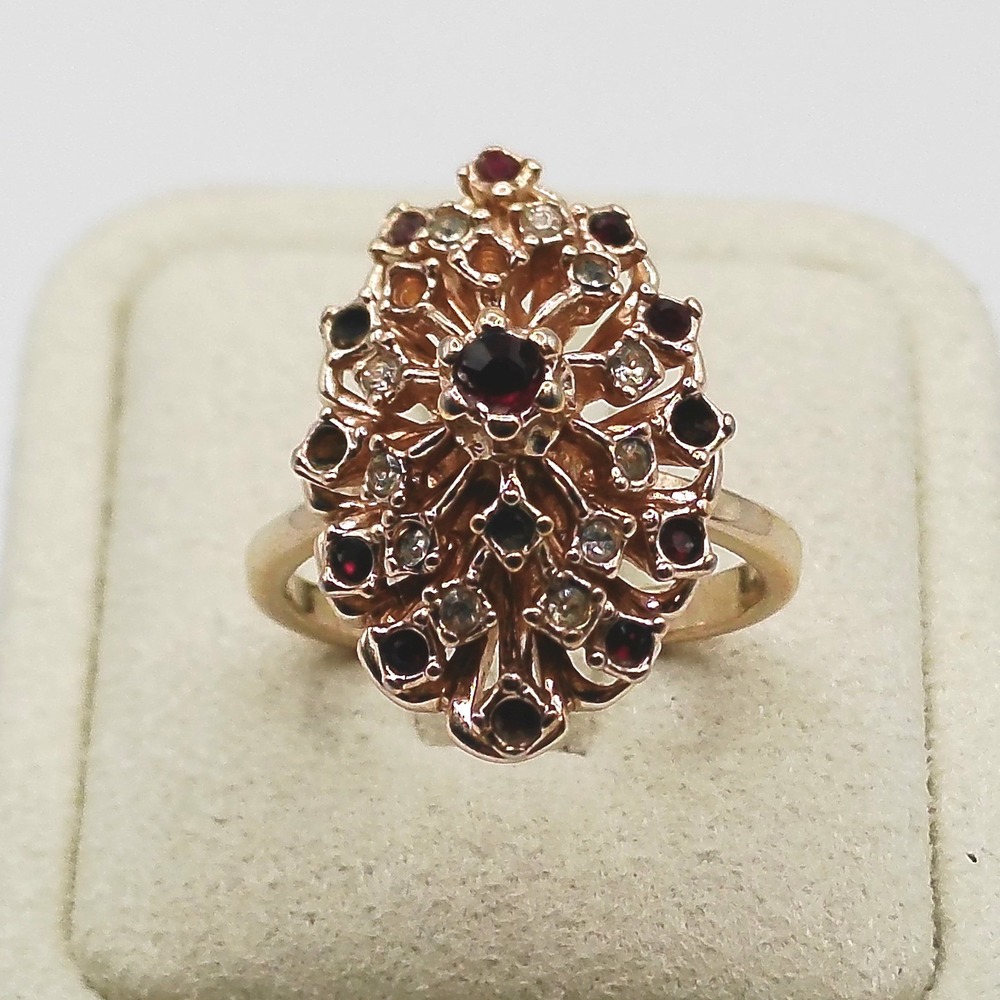 Vintage ESPO Red & Clear Stone Tiered Cluster Cocktail Ring Gold Tone Size 7.5